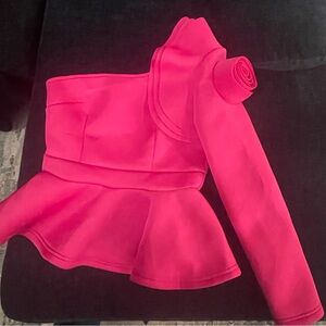 Fuschia One Sleeve Top with Bloom on Long Sleeve